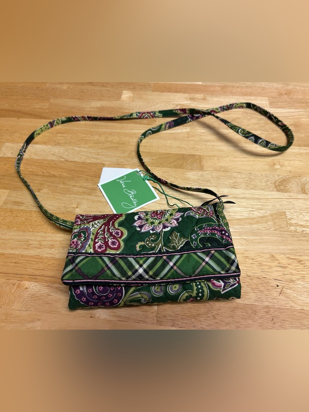 Vera Bradley Chelsea Green Paisley & Plaid Quilted Crossbody Wallet w/ strap NEW